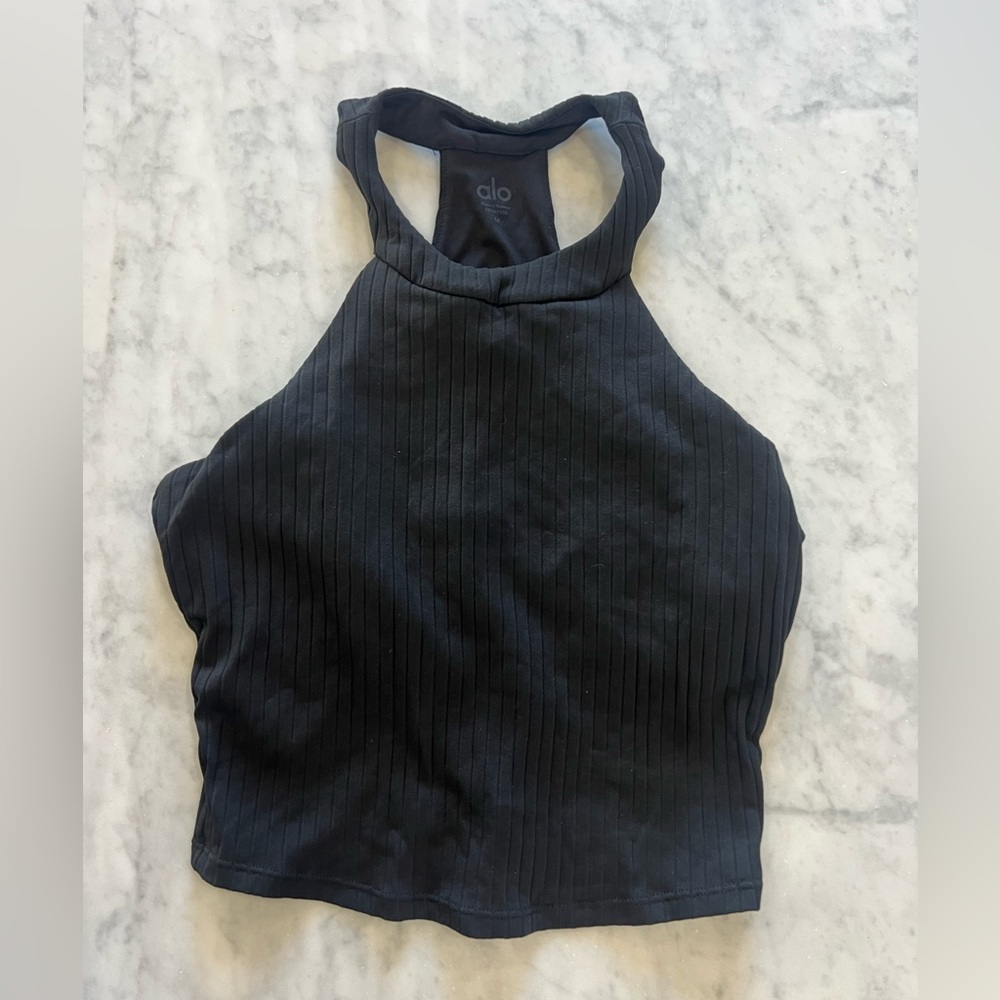 ALO Yoga Black Ribbed High Neck Crop Top